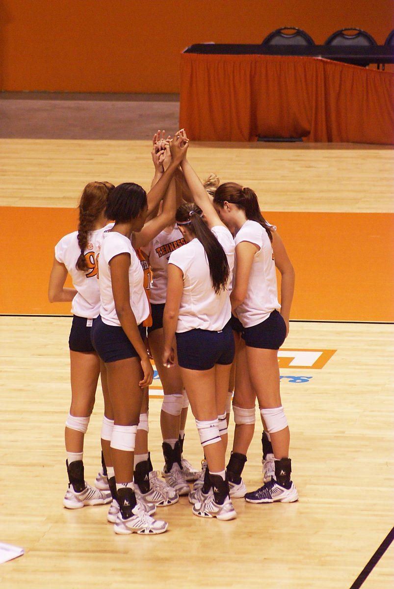 Members of the Lady Vols volleyball team huddle together before the start of a match against South Carolina on Friday, Sept. 17. The Lady Vols captured their first SEC road victory against Auburn, improving to 10-3 overall and 2-2 in SEC play.