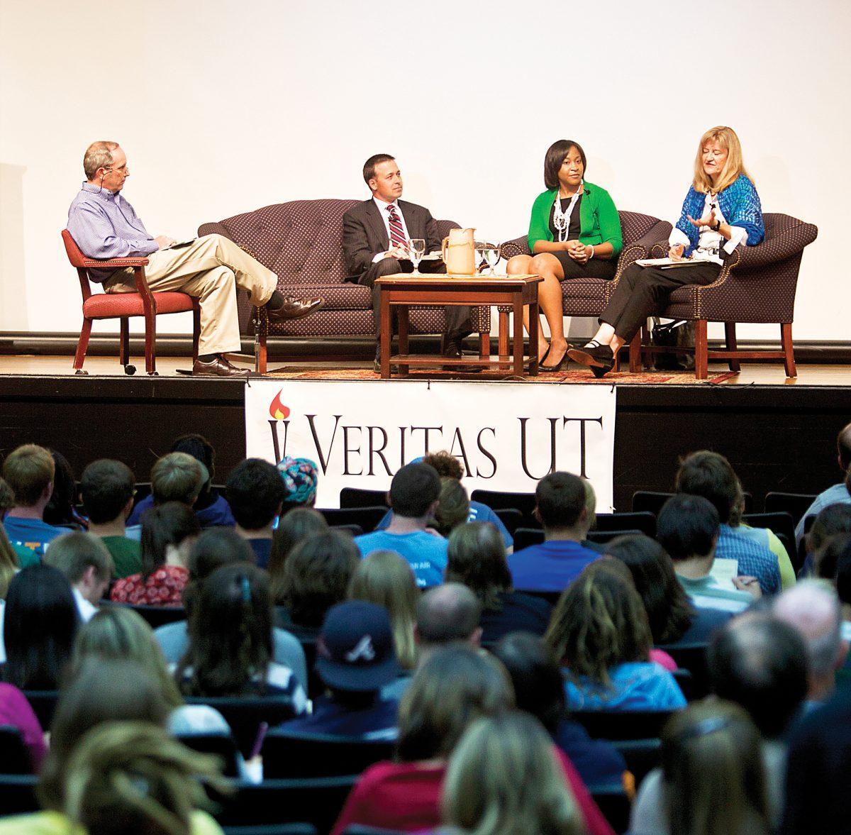 Left to right, Julian Reese, Philip Langford, Esq., Karla McKanders, J.D., and Dr. Rosalind I.J. Hackett discuss human trafficking and it's implications during Let Justice Roll, hosted by the UT Veritas Forum, on Thursday, Sept. 30. Students were able to hear from these distinguished scholars and lecturers about the problems stemming from human trafficking and how religious and secular institutions are attempting to solve them.