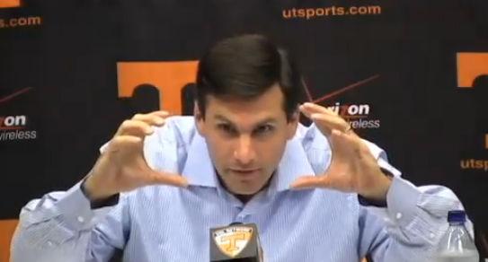 Derek Dooley gestures a pair of binoculars during a press conference on Monday, Oct. 25. Dooley, who was comparing his team’s lack of communication to that of the Germans during the invasion at Normandy, often uses clever metaphors to answer question posed by the media.