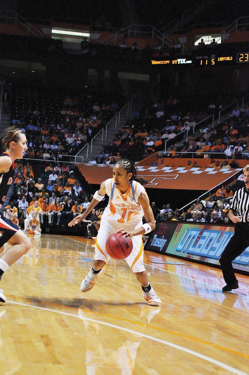 Meighan Simmons drives the ball against Carson-Newman on Nov. 2. She scored 26 points against UTC on Nov. 15 and had 5 3-pointers to add to the school record for 3-pointers.