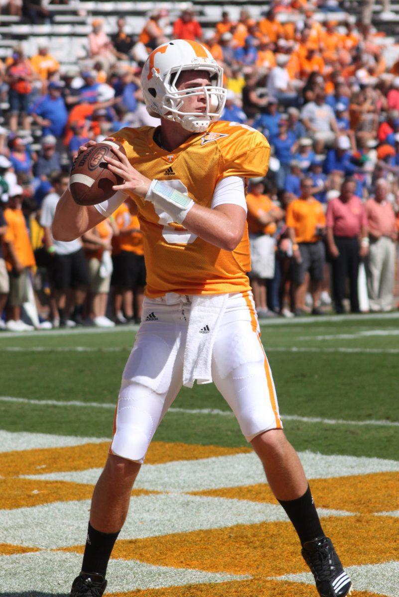 Tyler Bray warms up earlier this season on Saturday, Sept. 18. Bray set the UT records for most yards, 308, and touchdowns, 5, thrown in a single half this past Saturday against Memphis.