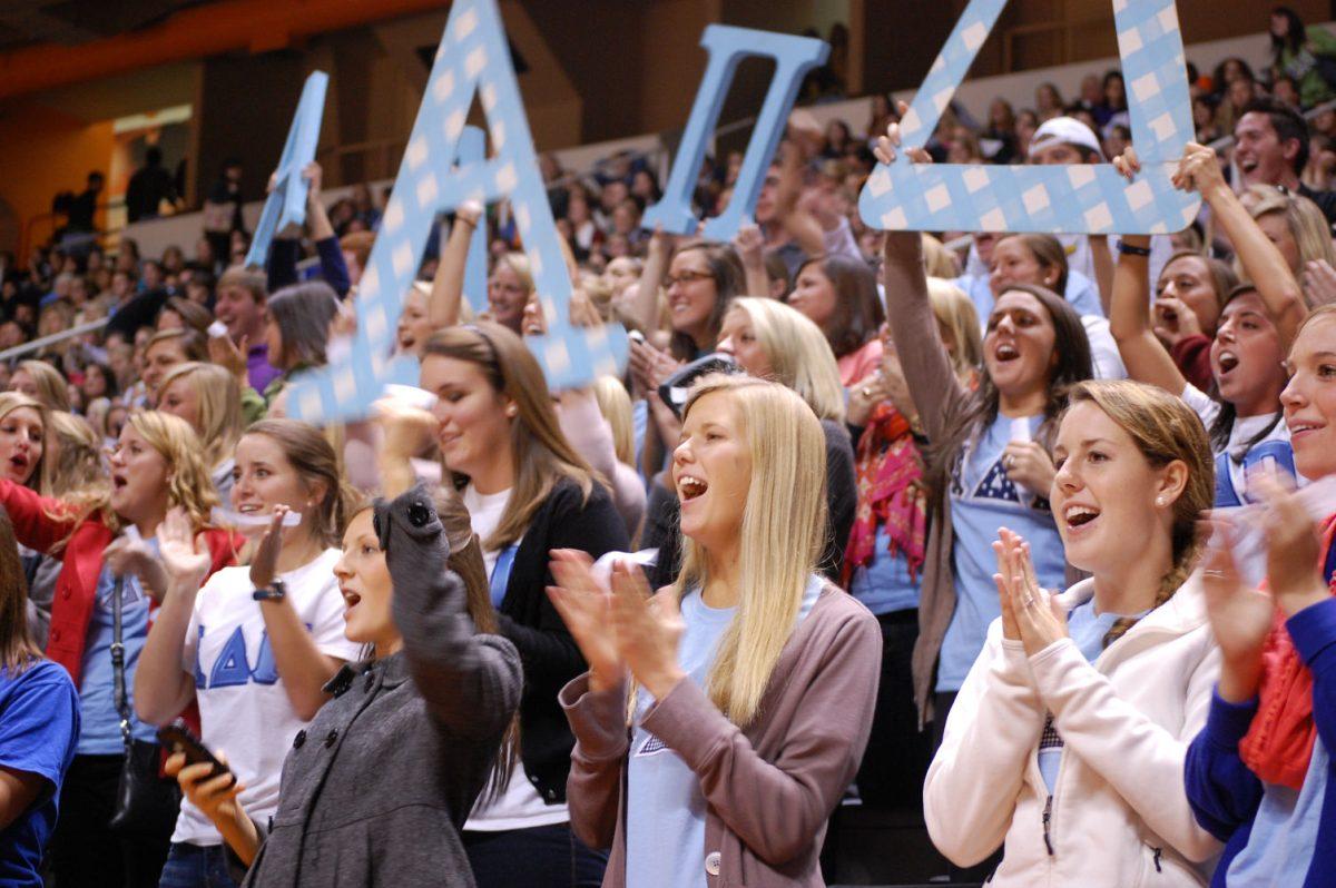 Girls from Alpha Delta Pi Sorority cheer on their sisters performing as part of the Smokey's Howl competition on Tuesday, Nov. 9. The preliminary round of Smokey's Howl featured dance teams competing for spots in the finals of the annual Homecoming event, which will be held at Tom Black Track from 5:15-6:15 on Friday, Nov. 12.