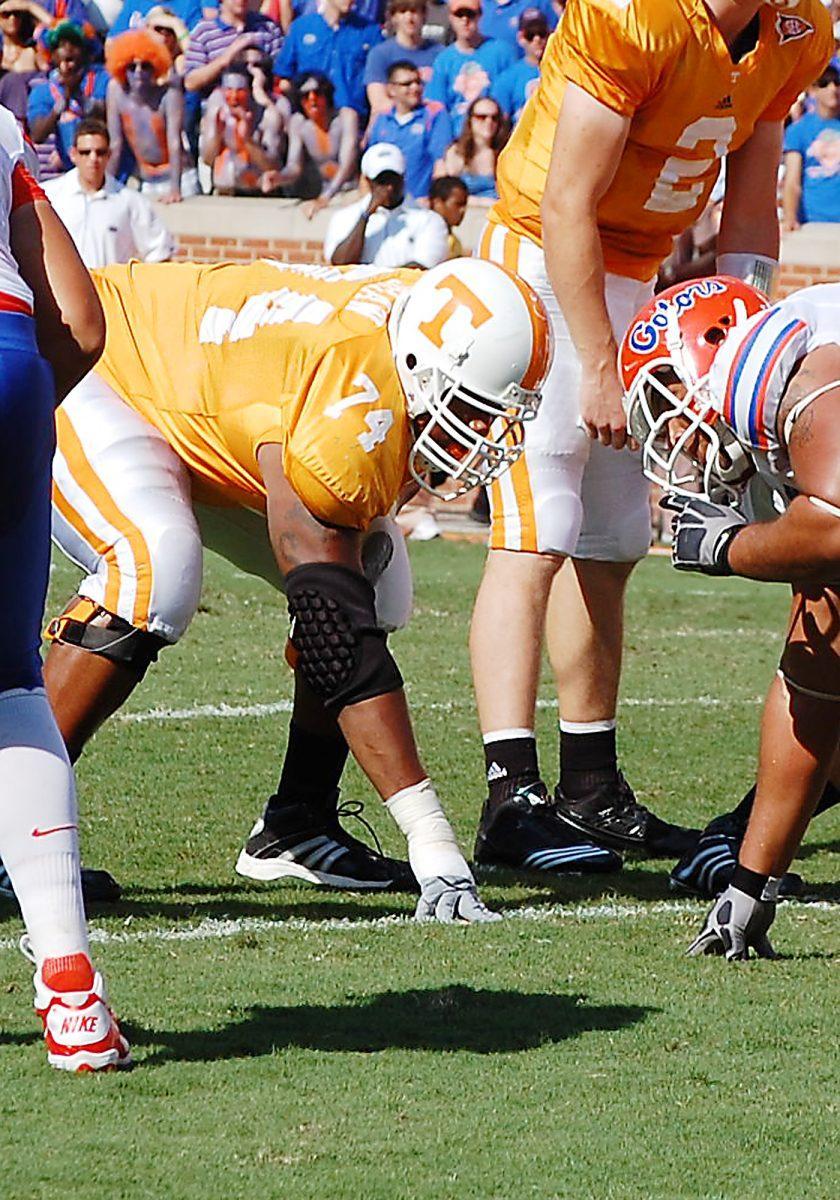 Offensive guard Jarrod Shaw prepares at the line. Dooley was quoted yesterday saying, “Shaw has been one of those MVP guys, not maybe because he’s out there dominating every snap, but he’s played almost every position on the offensive line.”