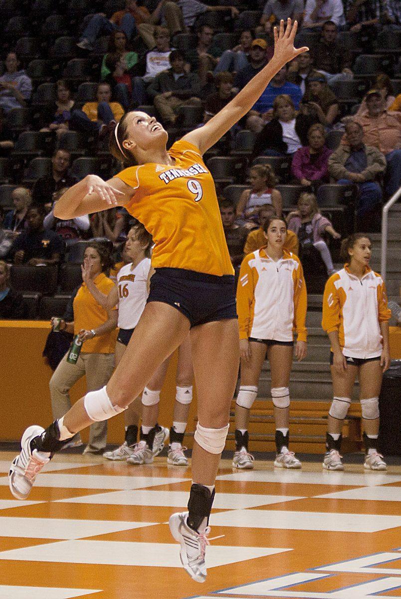 Kelsey Robinson, freshman outside hitter, serves the ball against Mississippi State on Oct. 15. She helped the Vols with 11 kills and 17 digs against Lousville this past weekend.