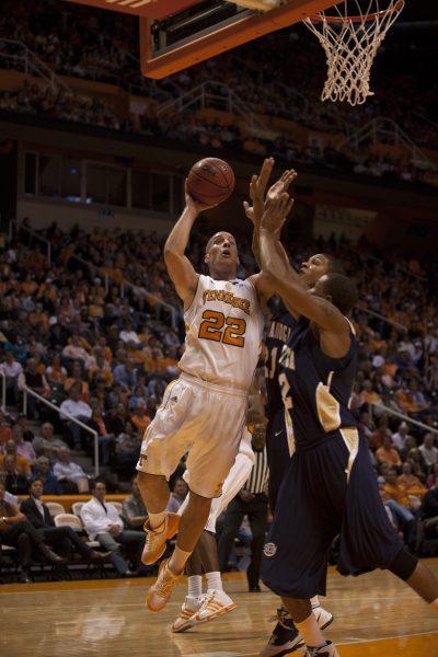Steven Pearl attacks the basket against two Chattanooga defenders in UT's season opener on Friday, Nov. 12. The Vols advanced over Belmont in the NIT Season Tip-Off tournament and faced off against Missouri State Wednesday night for a chance to travel to the semifinals of the tournament at Madison Square Garden.