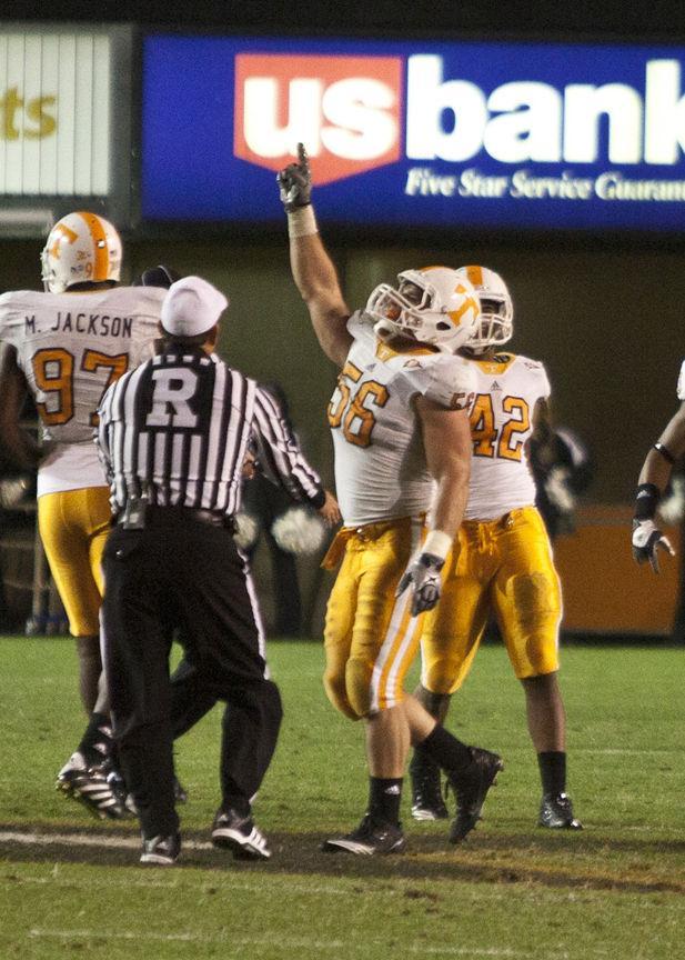 Nick Reveiz celebrates after a tackle against Vanderbilt on Saturday, Nov. 20. Reveiz was honored for his performance over the last 4 years, going from a walk on in 2007 to starting every game in what has been a successful senior season.