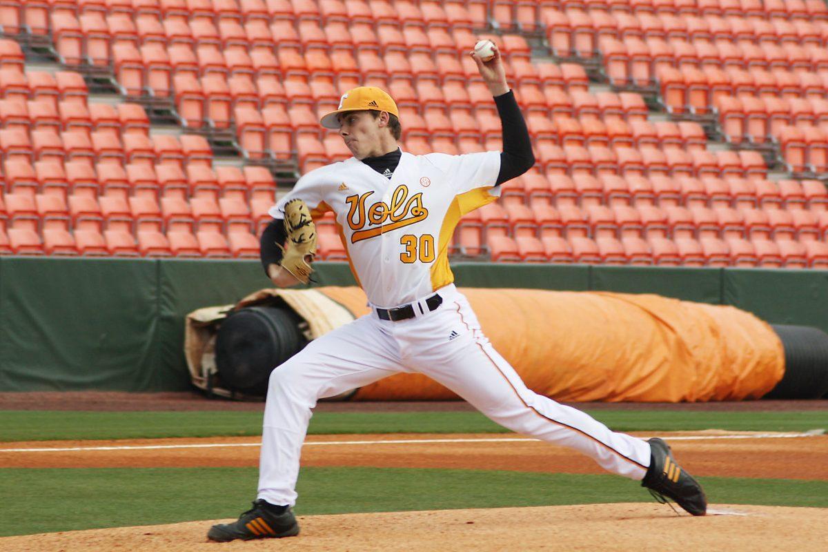 Junior Steven Gruver pitches against Canisius on Feb. 25. Gruver threw 110 pitches, with 65 strikes, in seven innings against Canisius College in a 4-0 victory. The Vols now are 5-1, and their next game is against Bradley on Friday at 1 p.m.