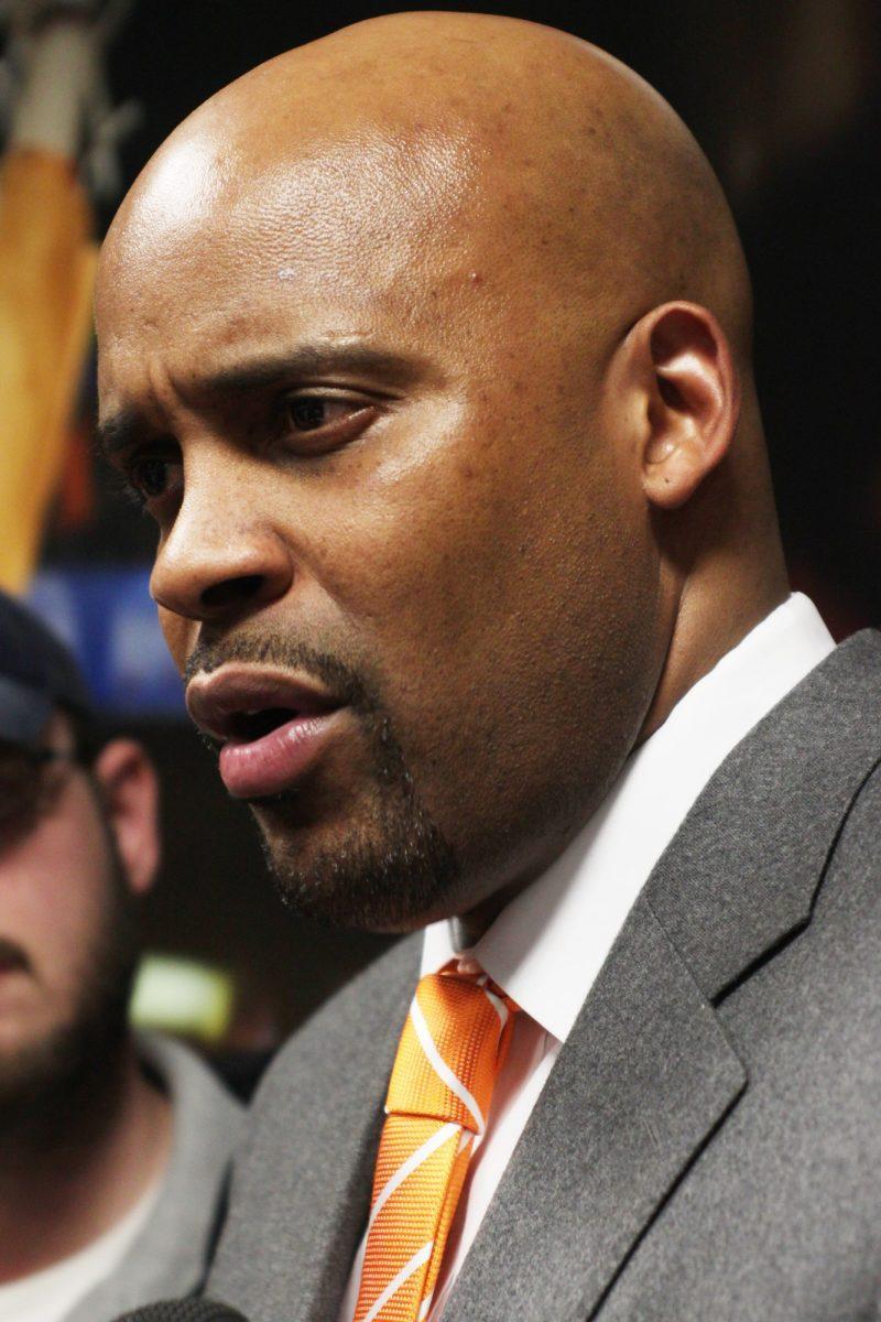 Cuonzo Martin answers questions from the press on Monday. Martin was introduced as UT’s 18th men’s basketball coach at a 2:30 p.m. press conference before answering questions from the media. He comes to UT with his wife, Roberta, two sons, Joshua and Chase, and daughter, Addison.
