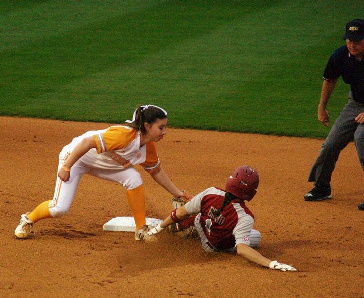 Lauren Gibson tags out an Alabama player sliding into second base during a game on Tuesday, March 22. The Lady Vols finished the weekend with a solid 8-0 win against the Auburn Lady Tigers.