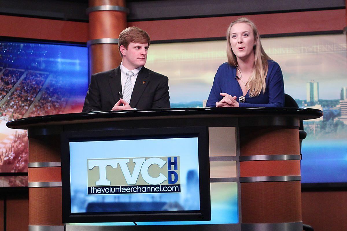 Ross Rowland, junior in public administration, and Courtney Vick, junior in journalism and electronic media, answer questions on April 4 from a panel of UT student media about their campgain and what they plan to change about UT.