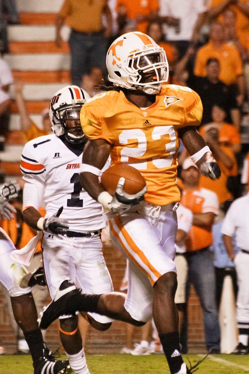 Junior defensive back Prentiss Waggner returns an interception for a touchdown against UT-Martin on Sept. 4, 2010. Waggner suffered an injury on Saturday and the severity of it is unknown. He did practice Tuesday in a red non-contact jersey.