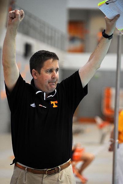 Assistant swim coach Joe Hendee celebrates during a match Saturday, Jan. 24, 2009. Hendee, who died Sunday, was an assistant with the swimming and diving program for more than 30 years.
