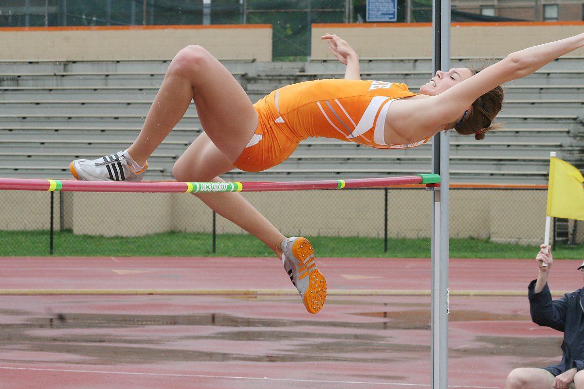 Ellen Wortham clears the bar while practicing the high jump in the spring of 2009. This weekend, she finished the 400-meter hurdle in 57.48 seconds. Her time ranks her No. 2 overall in the NCAA and No. 7 overall in the world this year.