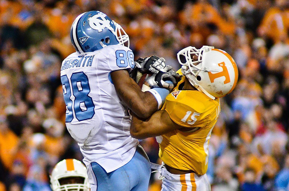 Janzen Jackson fights for the ball against UNC at the Franklin American Mortgage Music City Bowl on Dec. 30, 2010. Jackson has enrolled back at UT for second session classes, which started Thursday.