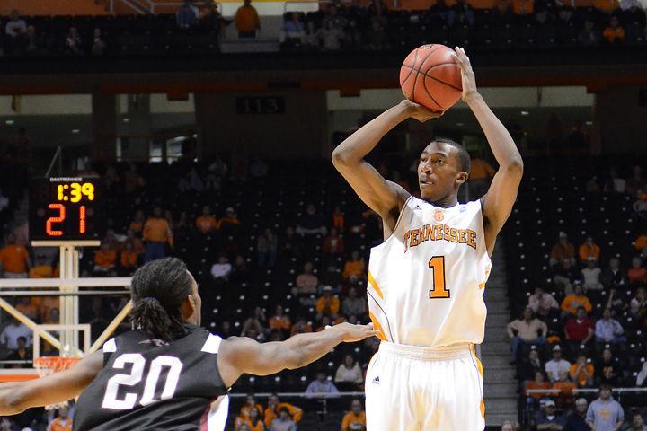 Jordan McRae shoots over an Indianapolis defender during a preseason game on Monday, Nov. 8, 2010. McRae played in the local Rocky Top League, breaking the season scoring average record with 46 points per game.