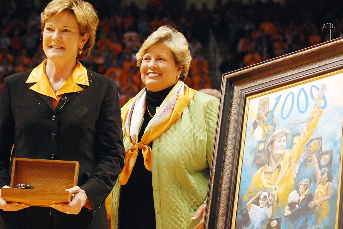 Pat Summit and Joan Cronan celebrate Summit’s 1000th win in Feb 2009. Summit recently announced that she is suffering from early onset dementia but plans to continue coaching.