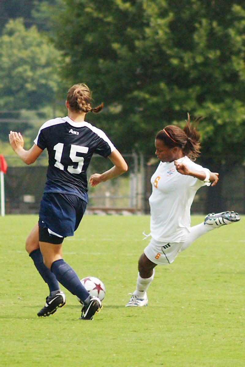 Chelsea Hatcher, senior midfielder/forward, prepares to kick the ball against Richmond last August. Hatcher is the second Lady Vol to be named as a top-30 preseason finalist for Lowe’s Senior CLASS Award.