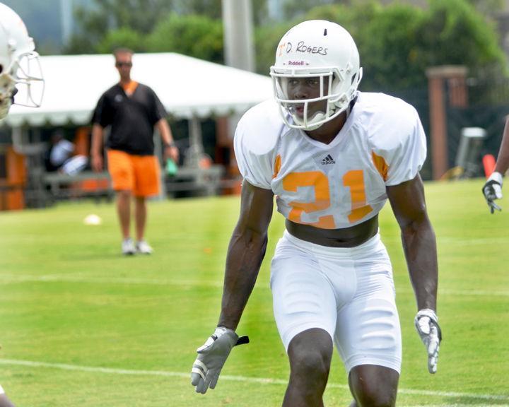 Da'Rick Rogers participates in a drill during practice on Thursday, Aug. 4. Rogers looks to return for his sophomore season in a bigger role as a starter alongside teammate and fellow sophomore receiver Justin Hunter.