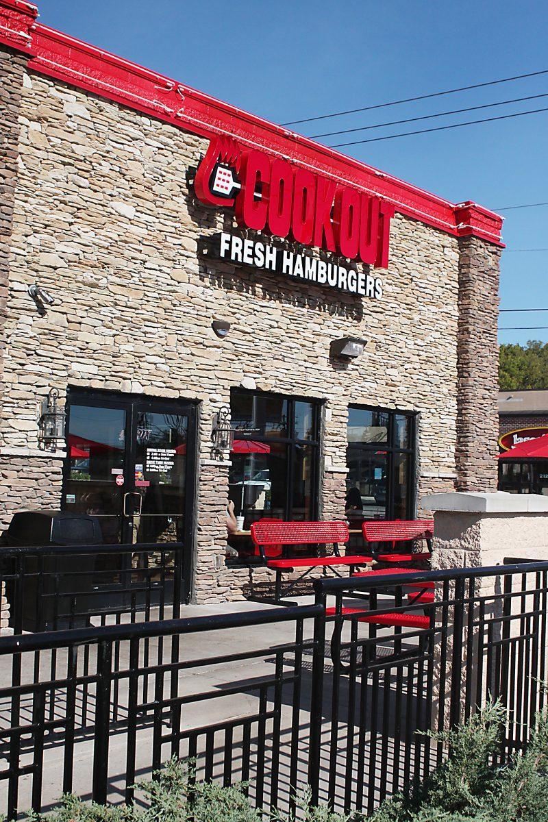 The sun shines outside the new Cook Out restaurant on the strip. In the former space of Guthrie’s, Cook Out specializes in milkshakes, burgers, and their late night hours.