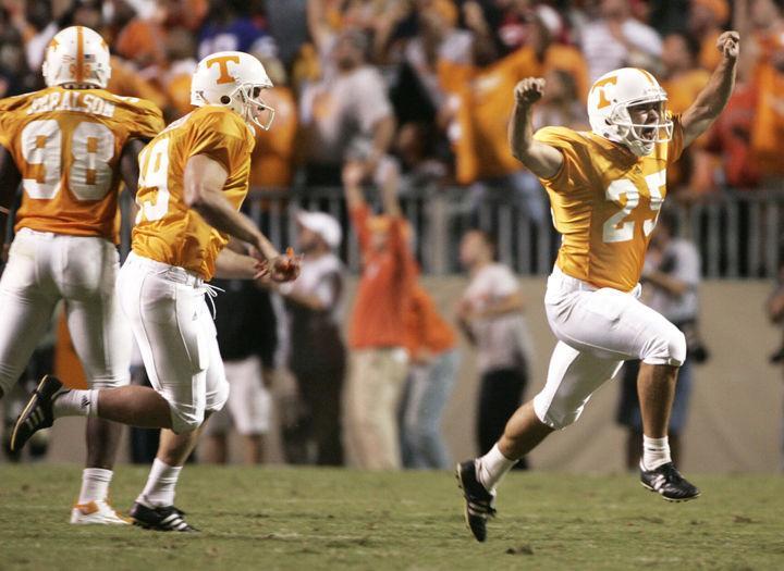 James Wilhoit celebrates after hitting a 50-yard kick with six seconds left to give the Vols a 30-28 victory over the Florida Gators on Saturday, Sept. 18, 2004. Wilhoit has continued developing his kicking game after his tenure at UT and looks to pursue an NFL career.