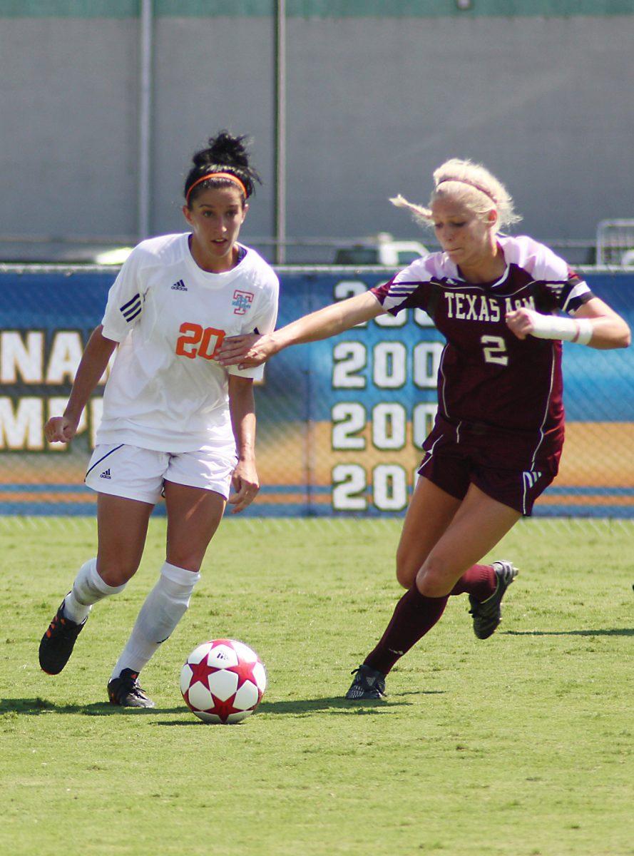 Emily Dowd battles for the ball against Texas A&amp;M on Aug. 28. Dowd has put up six points in six games this season.