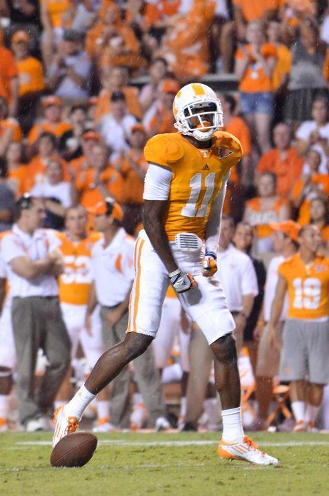 Justin Hunter yells out in celebration after a reception during a game against Montana on Saturday, Sept. 3. Hunter had 146 yards, including an 81-yard touchdown reception, as the Vols went on to a decisive 42-16 win over the Grizzlies.