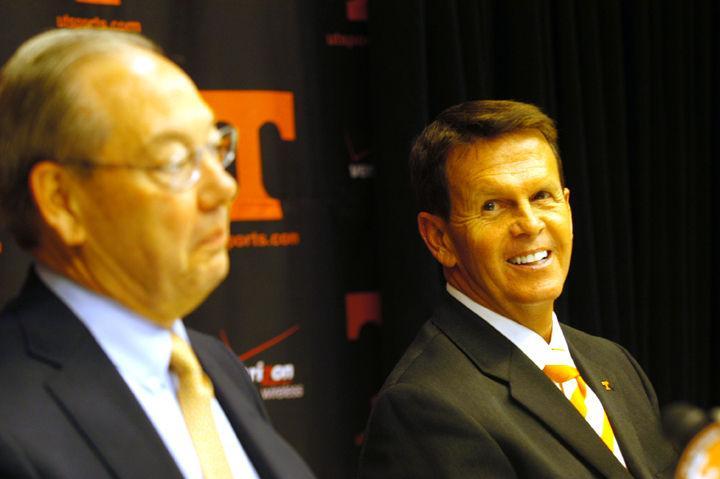 Dave Hart listens as Chancellor Jimmy Cheek addresses media during a press conference on Monday, Sept. 5. Hart, who served as executive director of athletics at Alabama and as director of athletics at Florida State and East Carolia, was announced as the University of Tennessee’s AD Monday.