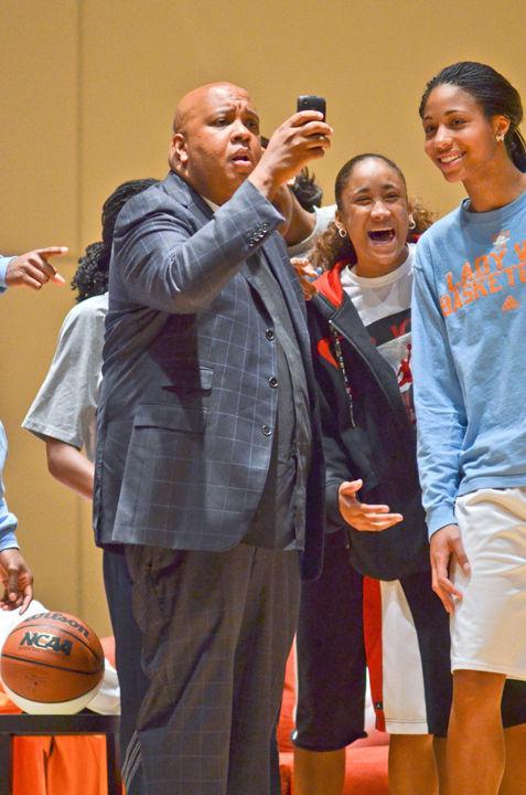 Joseph Simmons, more widely known as Rev. Run, snaps a picture with his phone to post on Twitter following a discussion about hip-hop and religion in the Alumni Memorial Building on Thursday, Sept. 15. Simmons, who garnered world-wide fame and fortune through his hip-hop career, found a place in his life to remain in the music industry while still staying true to his faith.