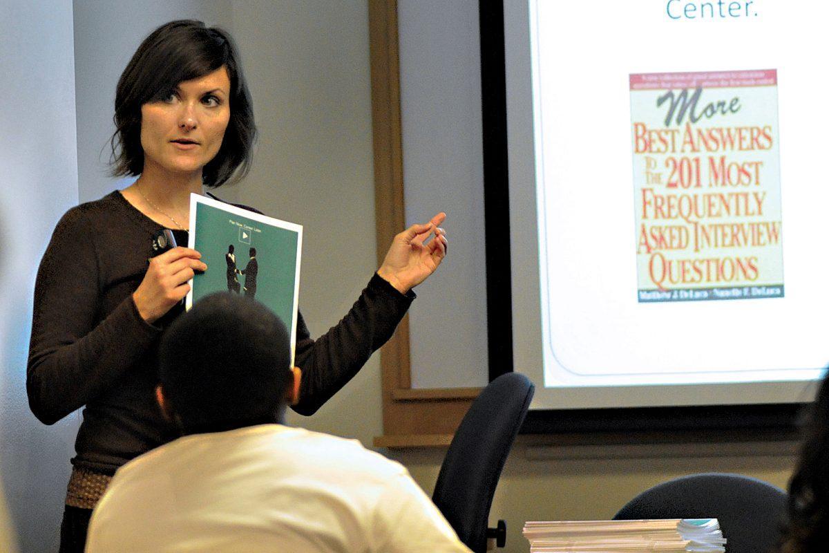 A representitive from Career Services talks to students about the interview process at an interview workshop on Feb. 3, 2010. SGA and Career Services held a workshop on Tuesday about interviewing for campus organizations. On Oct. 26, Career Services will be holding another workshop from 4-5 p.m.