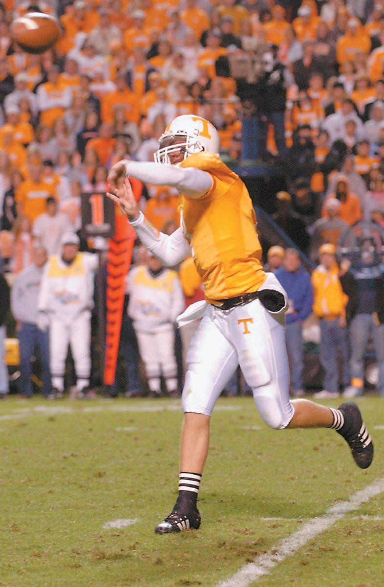 Rick Clausen throws a pass in this undated photo from 2005. Clausen aided UT in their win at Tiger Stadium in 2005 after the LSU game was postponed to a Monday game after Katrina. Clausen started the second half, and the Vols came back from 21-0 to win 30-27 in overtime.