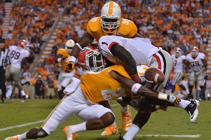 Prentiss Waggner forces a Georgia ball carrier to fumble during the game on Saturday, Oct. 1. Waggner, who moved to free safety after the dismissal of Janzen Jackson, is expected to return to cornerback in this week's game against Alabama.