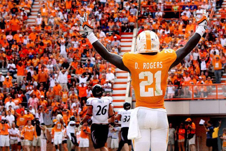 Da’Rick Rogers celebrates after a touchdown catch during a game against Cincinnati on Saturday, Sept. 10. Rogers has had to step up in the absence of his fellow sophomore reciever, Justin Hunter, who tore his ACL during UT’s 33-23 loss the Florida Gators.