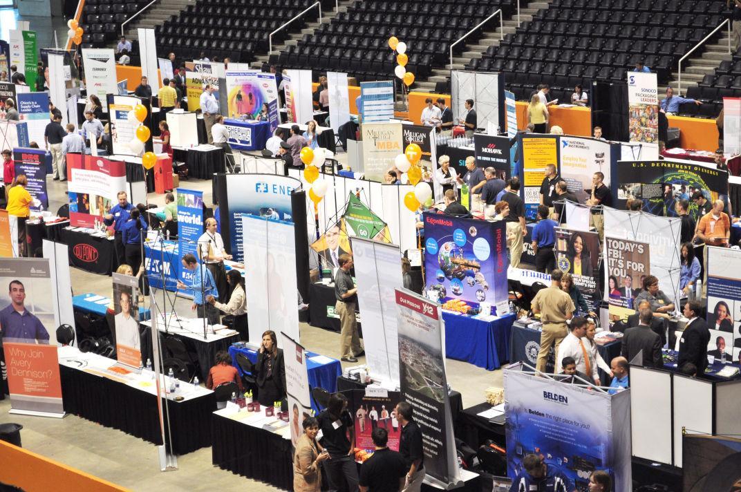 Students and employers interact during the Fall Job Fair in Thompson-Boling Arena last fall. Students had a chance to meet and talk with recruiters from a number of companies about internships as well as full-time job openings.