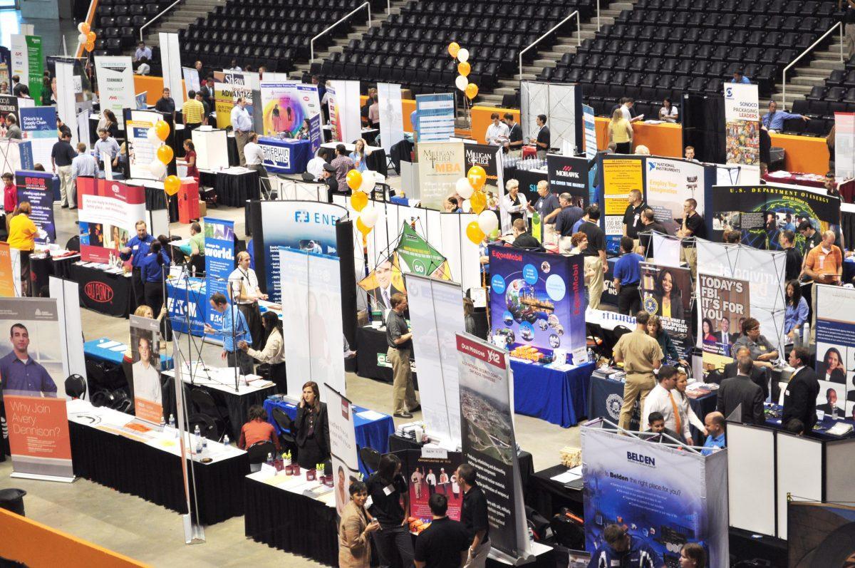 Students and employers interact during the Fall Job Fair in Thompson-Boling Arena last fall. Students had a chance to meet and talk with recruiters from a number of companies about internships as well as full-time job openings.