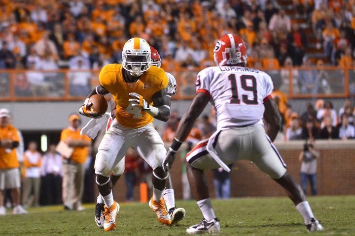 Marlin Lane looks to make a move past a defender after a reception during a game against Georgia on Saturday, Oct. 8. Despite entering the locker room at halftime all tied up, the Vols were unable to keep the Bulldogs under control, falling 20-12.