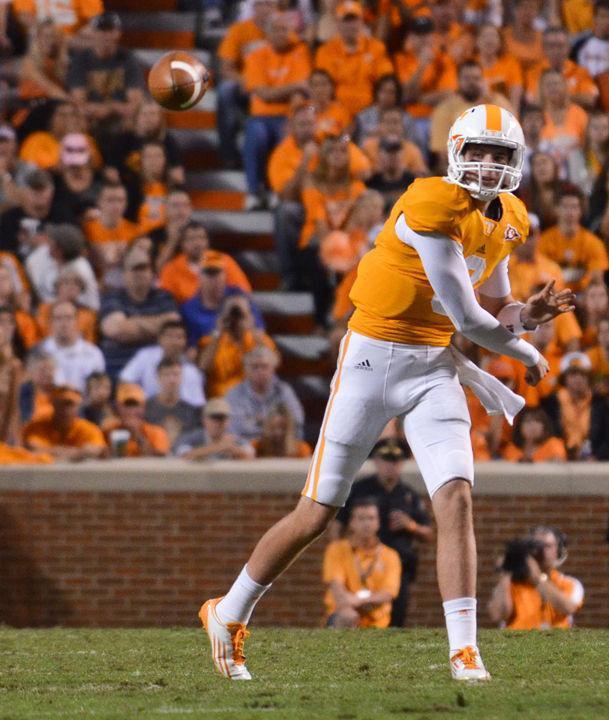 Tyler Bray hurls a pass towards a receiver down field during a game against Georgia on Saturday, Oct. 8. Bray broke his thumb on his throwing hand during a play in the game, putting him out for at least four weeks and bringing Matt Simms back into the starting position under center for the Vols.
