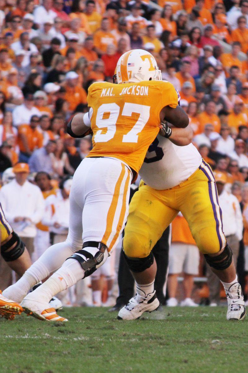 Malik Jackson defends an LSU player on Oct. 15. Jackson had eight tackles against the Tigers, one shy of his season-high of nine (against Alabama). Jackson has a total of 43 tackles this season.