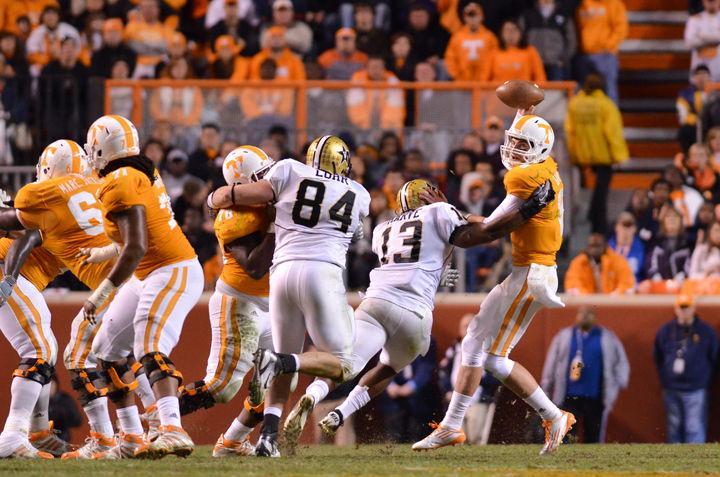 Tyler Bray avoids a sack during a game against Vanderbilt on Saturday, Nov. 19. Just like last season, the Vols go into the final game of the season against Kentucky looking for a win to become bowl eligible.