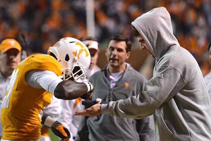 Da'Rick Rogers eats up with Tyler Bray in celebration after Roger's touchdown catch against MTSU on Saturday, Nov. 5. Monday, Bray had the cast removed from his throwing hand, however he is not expected to return to play this weekend against Arkansas.
