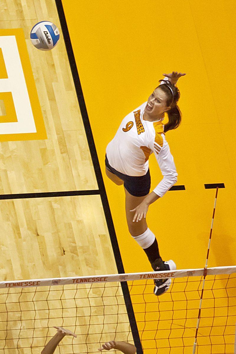 Kelsey Robinson, sophomore outside hitter, jumps for the ball against Miss. St on Nov. 6. Robinson had 15 kills to help beat Miss. St. 3-1. The Lady Vols recently defeated Alabama and Ole Miss to bring their season record to 24-3 (16-1 SEC).