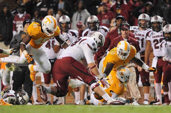 Malik Jackson dives to recover a fumble against South Carolina on Saturday, Oct. 29. Jackson transferred to UT before the 2010 football season and hasn't looked back since, proving his worth on the field at every defensive line position while amassing 48 tackles on the year.