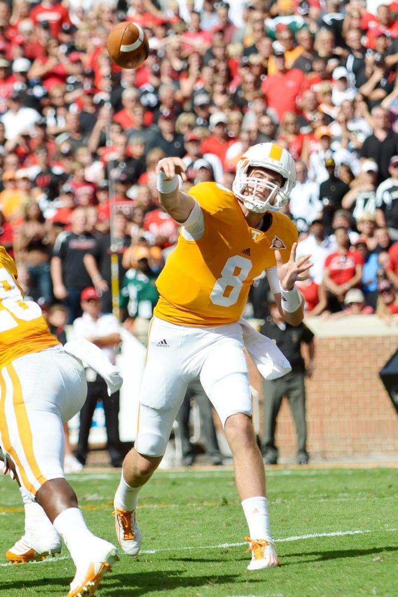 Tyler Bray throws a pass against Cincinnati on Sept. 9. Bray threw for 34-41 for a total of 405 yards and 4 touchdowns against the Bearcats. Before being injured against Georgia, Bray had already thrown for 1579 yards compared to his total of 1849 in 2010. Bray practiced for the first time Tuesday.