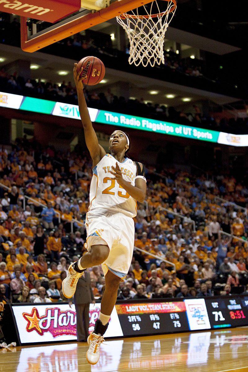 Glory Johnson goes for a layup against Miami on Nov. 15. The Lady Vols won 92-76 with five players scoring double-digits. Johnson scored 16 with Taber Spani scoring 20.