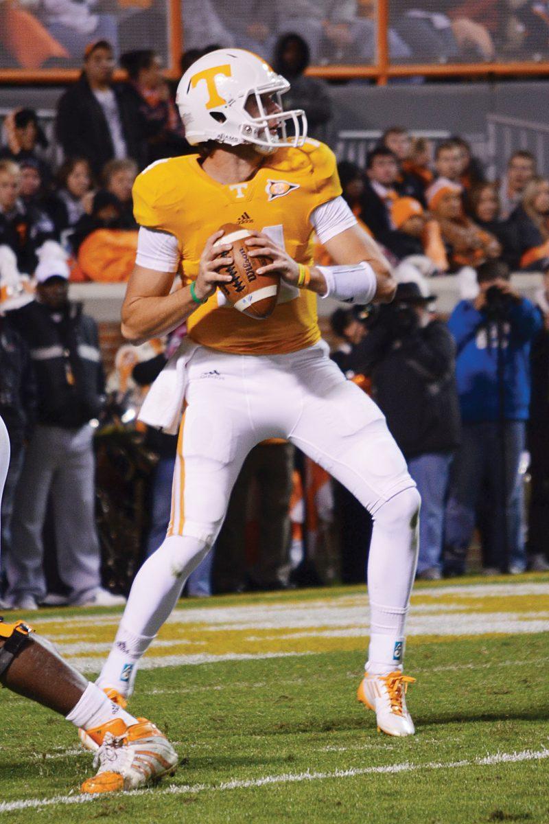 Justin Worley, freshman quarterback, examines the situation against South Carolina on Oct. 29. Worley went 10-for-26 for 105 yards with two interceptins.