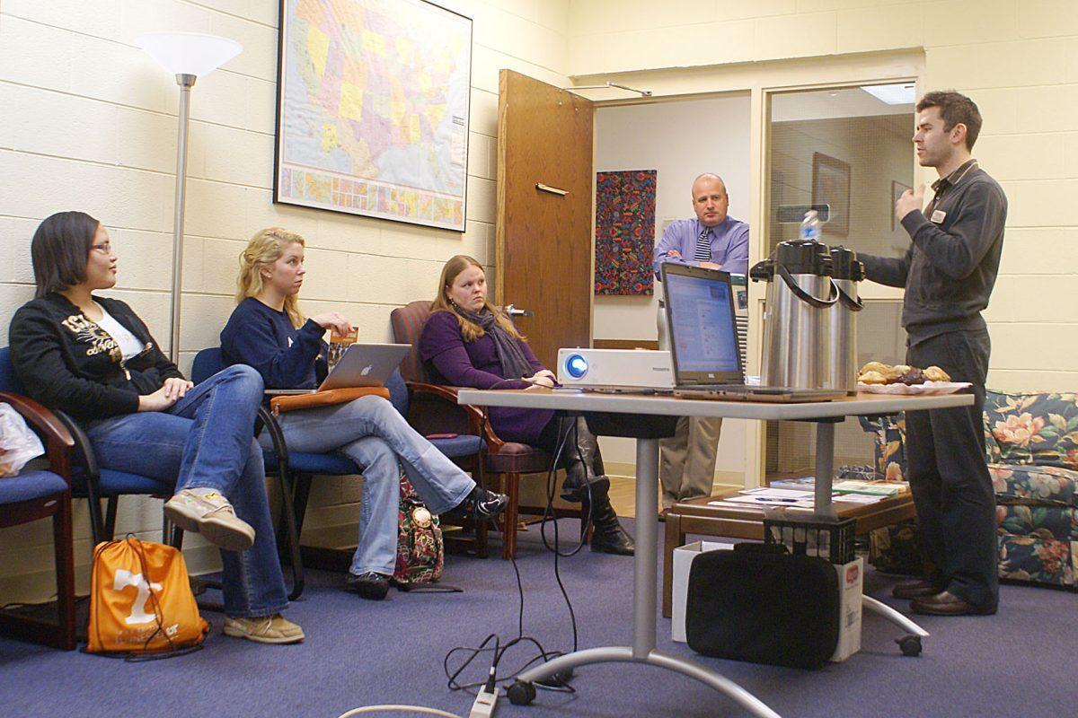 Tyler D'Andrea from the study abroad program CIEE talks to students on Jan. 24 about possible choices of studing abroad. CIEE is one of the many programs that students can choose to study abroad through. Going through a program like CIEE typically makes the process easier on a student.