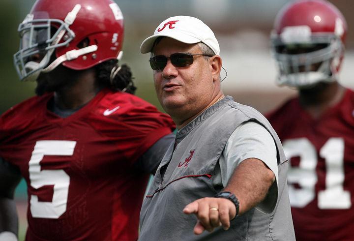 Sal Sunseri advises Alabama defenders during practice drills Friday, Aug. 5, 2011. Sunseri, coming fresh off a National Championship win with the Crimson Tide, was hired as UT's new defensive coordinator.