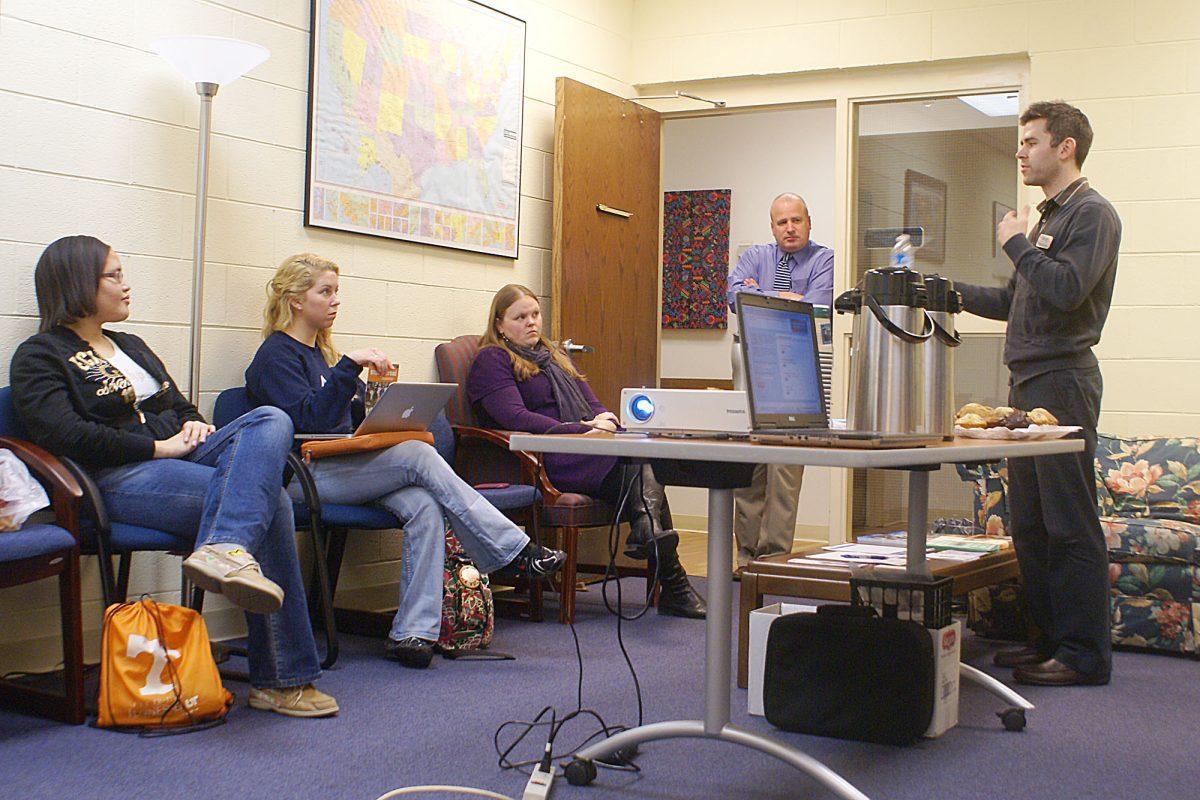 Tyler D'Andrea from the study abroad program CIEE talks to students on Jan. 24 about possible choices of studing abroad. CIEE is one of the many programs that students can choose to study abroad through. Going through a program like CIEE typically makes the process easier on a student.