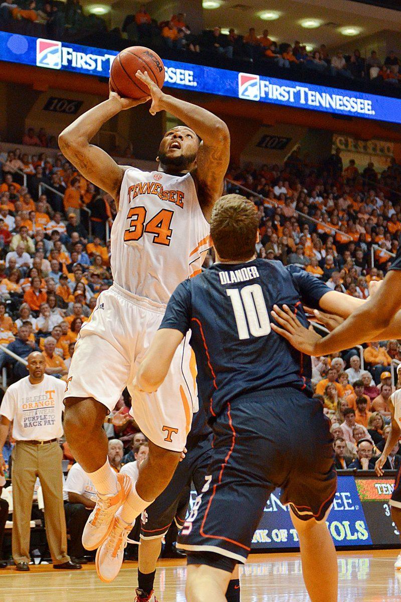 Jeronne Maymon shoots the ball against UConn on Jan. 21. While only having 9 points against UConn, he had 15 against Vandy to add to his total of 231 for the season.