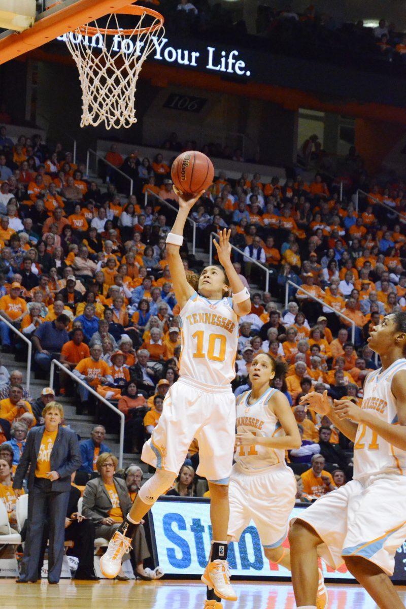 Lead scorer of the game, Meighan Simmons reaches for the basket. Simmons had 19 points to help the Vols beat the Tigers 65-56. Tonights game was also the first one that senior Shekinna Stricklen did not start. This would have been her 122 consecutive game for UT.