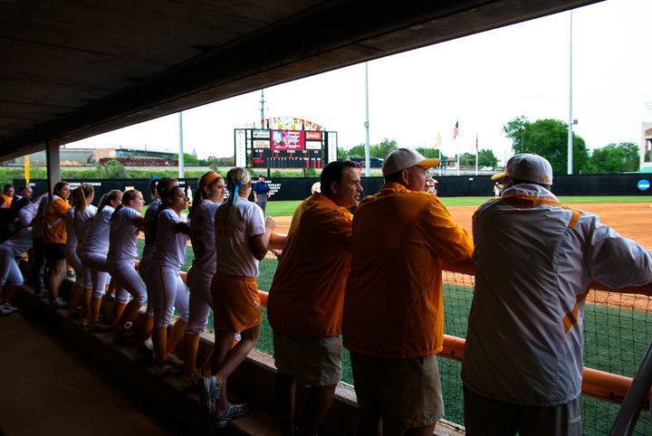 Players and coaches on the UT softball team watch from the dugout during a game against Mississippi State at Lee Stadium on Thursday, April 21, 2011. The No. 9-ranked Lady Vols look to get back into the swing of things, beginning practices for the upcoming spring season.